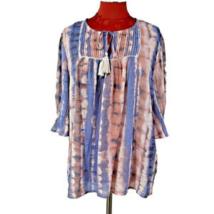 Zac & Rachel Woman Sz 2X Pink & Blue Peasant Top Boho Blouse 3/4 Sleeve Tassels